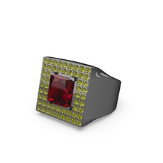 Albera Kare Yüzük - Garnet ve peridot 925 ayar siyah rodyum kaplama gümüş yüzük #1pkbx83