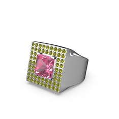 Albera Kare Yüzük - Pembe kuvars ve peridot 18 ayar beyaz altın yüzük #8cjyp4