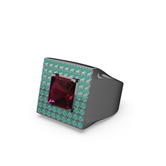 Albera Kare Yüzük - Rodolit garnet ve kök zümrüt 925 ayar siyah rodyum kaplama gümüş yüzük #a2q8q9