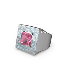 Albera Kare Yüzük - Pembe kuvars ve akuamarin 14 ayar beyaz altın yüzük #bdwgqk