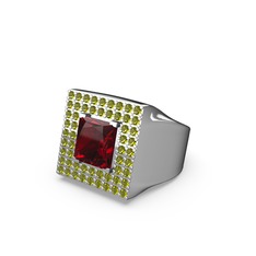 Albera Kare Yüzük - Garnet ve peridot 8 ayar beyaz altın yüzük #ekgssm