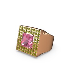 Albera Kare Yüzük - Pembe kuvars ve peridot 14 ayar rose altın yüzük #gm3061