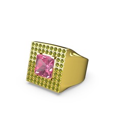 Albera Kare Yüzük - Pembe kuvars ve peridot 8 ayar altın yüzük #j8e52c