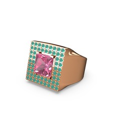 Albera Kare Yüzük - Pembe kuvars ve kök zümrüt 18 ayar rose altın yüzük #y5b00u