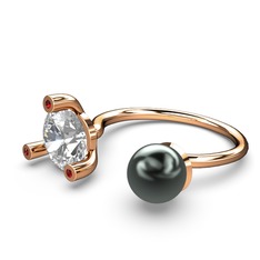 İncili Tektaş Yüzük - Siyah inci, swarovski ve garnet 14 ayar rose altın yüzük #112fana