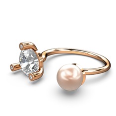 İncili Tektaş Yüzük - Pembe inci, swarovski ve beyaz zirkon 8 ayar rose altın yüzük #11wlugj