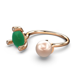 İncili Tektaş Yüzük - Pembe inci, kök zümrüt ve swarovski 925 ayar rose altın kaplama gümüş yüzük #1284prf