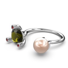 Pembe inci, peridot ve garnet 14 ayar beyaz altın yüzük