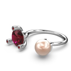 İncili Tektaş Yüzük - Pembe inci, rodolit garnet ve garnet 8 ayar beyaz altın yüzük #12b0wjq
