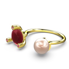 İncili Tektaş Yüzük - Pembe inci, kök yakut ve rodolit garnet 8 ayar altın yüzük #13lbj0g