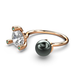 İncili Tektaş Yüzük - Siyah inci, beyaz zirkon ve yeşil kuvars 14 ayar rose altın yüzük #156aqvn