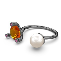 İncili Tektaş Yüzük - Inci, sitrin ve rodolit garnet 925 ayar siyah rodyum kaplama gümüş yüzük #15i22ka