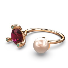 İncili Tektaş Yüzük - Pembe inci, rodolit garnet ve yeşil kuvars 14 ayar rose altın yüzük #169wyjw