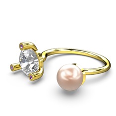 İncili Tektaş Yüzük - Pembe inci, beyaz zirkon ve ametist 18 ayar altın yüzük #16sthjp