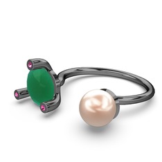 İncili Tektaş Yüzük - Pembe inci, kök zümrüt ve rodolit garnet 925 ayar siyah rodyum kaplama gümüş yüzük #16x6vua