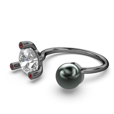 İncili Tektaş Yüzük - Siyah inci, swarovski ve garnet 925 ayar siyah rodyum kaplama gümüş yüzük #1791czi