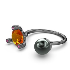 İncili Tektaş Yüzük - Siyah inci, sitrin ve rodolit garnet 925 ayar siyah rodyum kaplama gümüş yüzük #17nvpj7