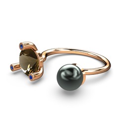 Siyah inci, dumanlı kuvars ve lab safir 925 ayar rose altın kaplama gümüş yüzük