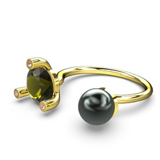 İncili Tektaş Yüzük - Siyah inci, peridot ve pembe kuvars 925 ayar altın kaplama gümüş yüzük #18gfr7