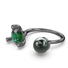 İncili Tektaş Yüzük - Siyah inci, yeşil kuvars ve pırlanta 925 ayar siyah rodyum kaplama gümüş yüzük (0.024 karat) #193j3cq