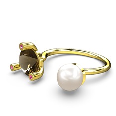 İncili Tektaş Yüzük - Inci, dumanlı kuvars ve rodolit garnet 14 ayar altın yüzük #19h2b0m