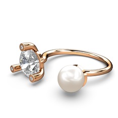 İncili Tektaş Yüzük - Inci ve swarovski 14 ayar rose altın yüzük #19nufcd