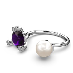 İncili Tektaş Yüzük - Inci, ametist ve swarovski 14 ayar beyaz altın yüzük #19ris4z
