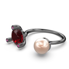 İncili Tektaş Yüzük - Pembe inci, garnet ve rodolit garnet 925 ayar siyah rodyum kaplama gümüş yüzük #19smphl
