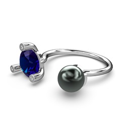 İncili Tektaş Yüzük - Siyah inci, lab safir ve swarovski 8 ayar beyaz altın yüzük #1als6gm