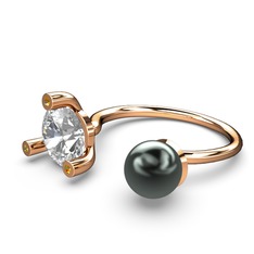İncili Tektaş Yüzük - Siyah inci, swarovski ve sitrin 18 ayar rose altın yüzük #1aye7l9