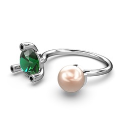 İncili Tektaş Yüzük - Pembe inci, yeşil kuvars ve siyah zirkon 18 ayar beyaz altın yüzük #1c9gf50