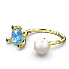 İncili Tektaş Yüzük - Inci, akuamarin ve siyah zirkon 18 ayar altın yüzük #1cah17p