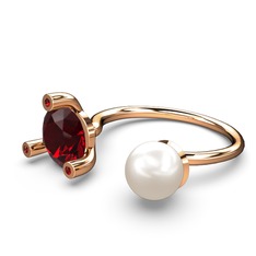 İncili Tektaş Yüzük - Inci ve garnet 14 ayar rose altın yüzük #1d693h3