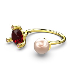 İncili Tektaş Yüzük - Pembe inci, garnet ve pembe kuvars 14 ayar altın yüzük #1dq2f0o