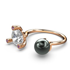 İncili Tektaş Yüzük - Siyah inci, swarovski ve ametist 14 ayar rose altın yüzük #1eil54d