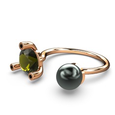 İncili Tektaş Yüzük - Siyah inci, peridot ve siyah zirkon 14 ayar rose altın yüzük #1ftv1hv
