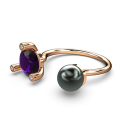 İncili Tektaş Yüzük - Siyah inci, ametist ve swarovski 8 ayar rose altın yüzük #1g5sxkp