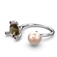 Pembe inci, dumanlı kuvars ve garnet 8 ayar beyaz altın yüzük