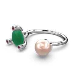 İncili Tektaş Yüzük - Pembe inci, kök zümrüt ve garnet 14 ayar beyaz altın yüzük #1gunlj5