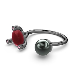 İncili Tektaş Yüzük - Siyah inci, kök yakut ve pembe kuvars 925 ayar siyah rodyum kaplama gümüş yüzük #1gxx5al