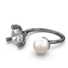 İncili Tektaş Yüzük - Inci, swarovski ve pırlanta 925 ayar siyah rodyum kaplama gümüş yüzük (0.024 karat) #1hmonbu