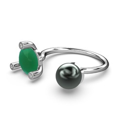 Siyah inci, kök zümrüt ve swarovski 925 ayar gümüş yüzük