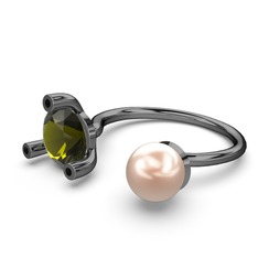 İncili Tektaş Yüzük - Pembe inci, peridot ve siyah zirkon 925 ayar siyah rodyum kaplama gümüş yüzük #1j2m79