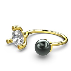 İncili Tektaş Yüzük - Siyah inci, swarovski ve sitrin 925 ayar altın kaplama gümüş yüzük #1j99xdm