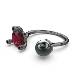 İncili Tektaş Yüzük - Siyah inci, rodolit garnet ve siyah zirkon 925 ayar siyah rodyum kaplama gümüş yüzük #1jf4xm7