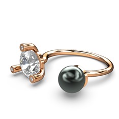 İncili Tektaş Yüzük - Siyah inci, beyaz zirkon ve swarovski 18 ayar rose altın yüzük #1jl1prr