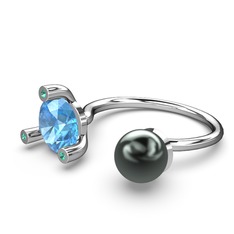 Siyah inci, akuamarin ve yeşil kuvars 8 ayar beyaz altın yüzük