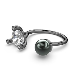 İncili Tektaş Yüzük - Siyah inci, swarovski ve pırlanta 925 ayar siyah rodyum kaplama gümüş yüzük (0.024 karat) #1jx15k3