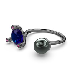 İncili Tektaş Yüzük - Siyah inci, lab safir ve rodolit garnet 925 ayar siyah rodyum kaplama gümüş yüzük #1k3qymq