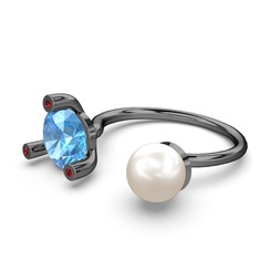 İncili Tektaş Yüzük - Inci, akuamarin ve garnet 925 ayar siyah rodyum kaplama gümüş yüzük #1koj3cb